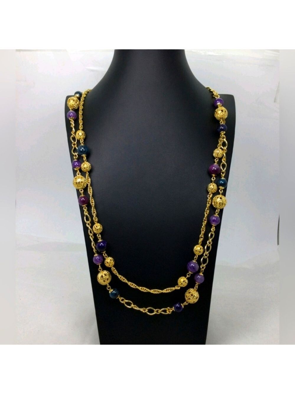 Talbots Goldtone Purple Green Beaded Multi Strand Necklace NWOT 36"